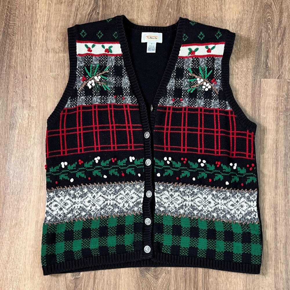 Vintage Talbots Christmas Holly Plaid Embroidered Sweater Vest Sz S